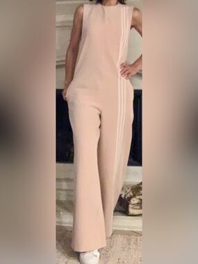 “adidas” Wide-Leg Pants suit in Blush w/ Side Stripe & Zipper side pockets